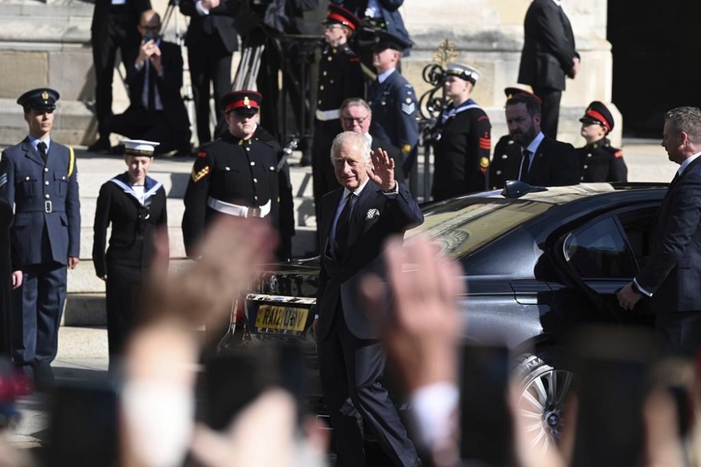 Britain's King Charles III arrives at St. Anne's Cathedral to attend a Service of Reflection for the life of Her Majesty The Queen Elizabeth in Belfast, Tuesday, Sept. 13, 2022. King Charles III and Camilla, the Queen Consort, flew to Belfast from Edinburgh on Tuesday, the same day the queen’s coffin will be flown to London from Scotland. (Michael Cooper/PA via AP)