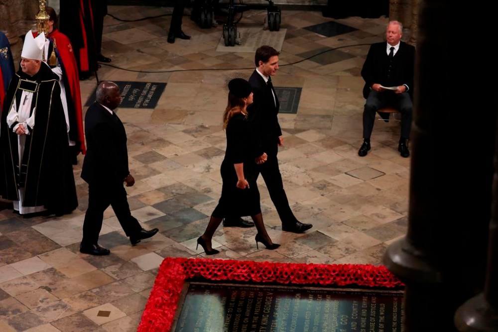 Canada's Prime Minister Justin Trudeau arrives at the Westminster Abbey on the day of Queen Elizabeth II funeral, in London Monday, Sept. 19, 2022. (Phil Noble/Pool Photo via AP)