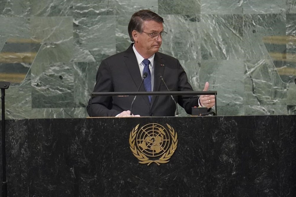 Brazilian President Jair Bolsonaro addresses the 77th session of the General Assembly at United Nations headquarters, Tuesday, Sept. 20, 2022. The tide of international opinion appears to have decisively shifted against Russia, as a number of non-aligned countries joined the United States and its allies in condemning Russia’s war in Ukraine and its threats to the principles of the international rules-based order. (AP Photo/Mary Altaffer)