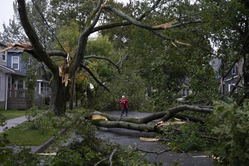 Georgina Scott surveys the damage on her street in Halifax as post tropical storm Fiona continues to batter the Maritimes on Saturday, September 24, 2022. THE CANADIAN PRESS/Darren Calabrese