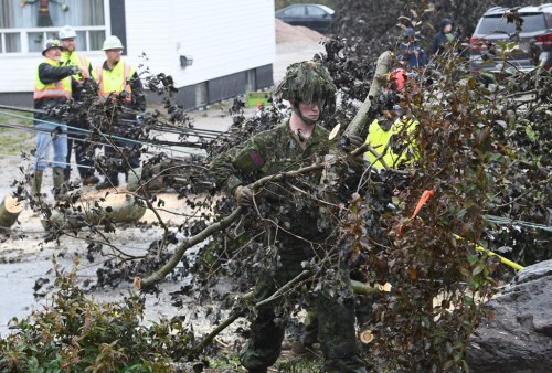 Cpl. Owen Donovan of the Cape Breton Highlanders removes brush under the direction of Nova Scotia Power officials along Steeles Hill Road in Glace Bay, N.S., Monday, Sept. 26, 2022.&nbsp;Justin Trudeau is scheduled to travel today to P.E.I. and Nova Scotia, where he will meet with residents and inspect the extensive damage caused by post-tropical storm Fiona. THE&nbsp;CANADIAN PRESS/Vaughan Merchant