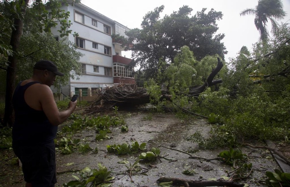A man checks his mobile phone as he stands next to fallen trees bought down by the winds of Hurricane Ian, in Havana, Cuba, Tuesday, September 27, 2022. Ian made landfall at 4:30 a.m. EDT Tuesday in Cuba's Pinar del Rio province, where officials set up shelters, evacuated people, rushed in emergency personnel and took steps to protect crops in the nation's main tobacco-growing region. (AP Photo/Ismael Francisco)