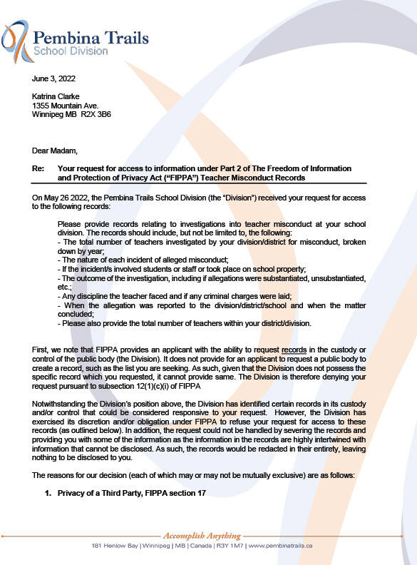 Sample of the response letter the Free Press received from school divisions.