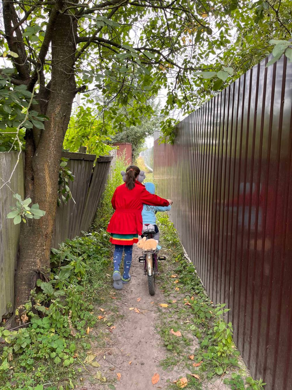 MELISSA MARTIN / WINNIPEG FREE PRESS
Anya, Volodymyr and Olga Lytvynenko’s seven-year-old granddaughter, pushes her baby brother down pathways that lead between houses in her village.