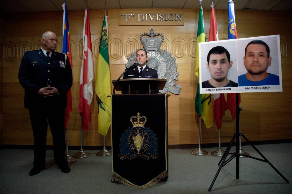 MICHAEL BELL / CANADIAN PRESS FILES
Assistant Commissioner Rhonda Blackmore, with Regina Police Chief Evan Bray (left), looks on during a press conference at RCMP “F” Division Headquarters in Regina on Sunday regarding Damien and Myles Sanderson who allegedly stabbed and killed 10 people.
