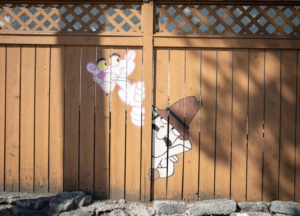 JESSICA LEE / WINNIPEG FREE PRESS
Doyle’s colourful fence is covered in characters from the Pink Panther.