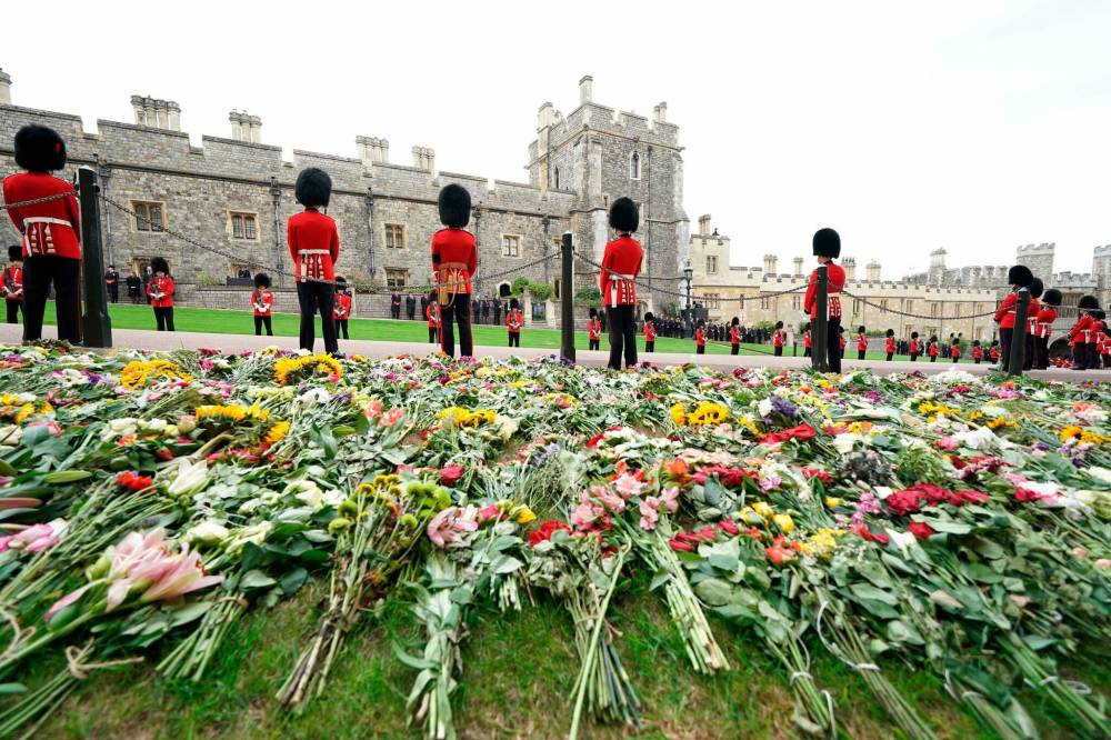 Soldiers from the Grenadier Guards at the Committal Service for The Queen held at St George's Chapel in Windsor Castle on Monday. (Kirsty O'Connor / Pool photo via The Associated Press)
