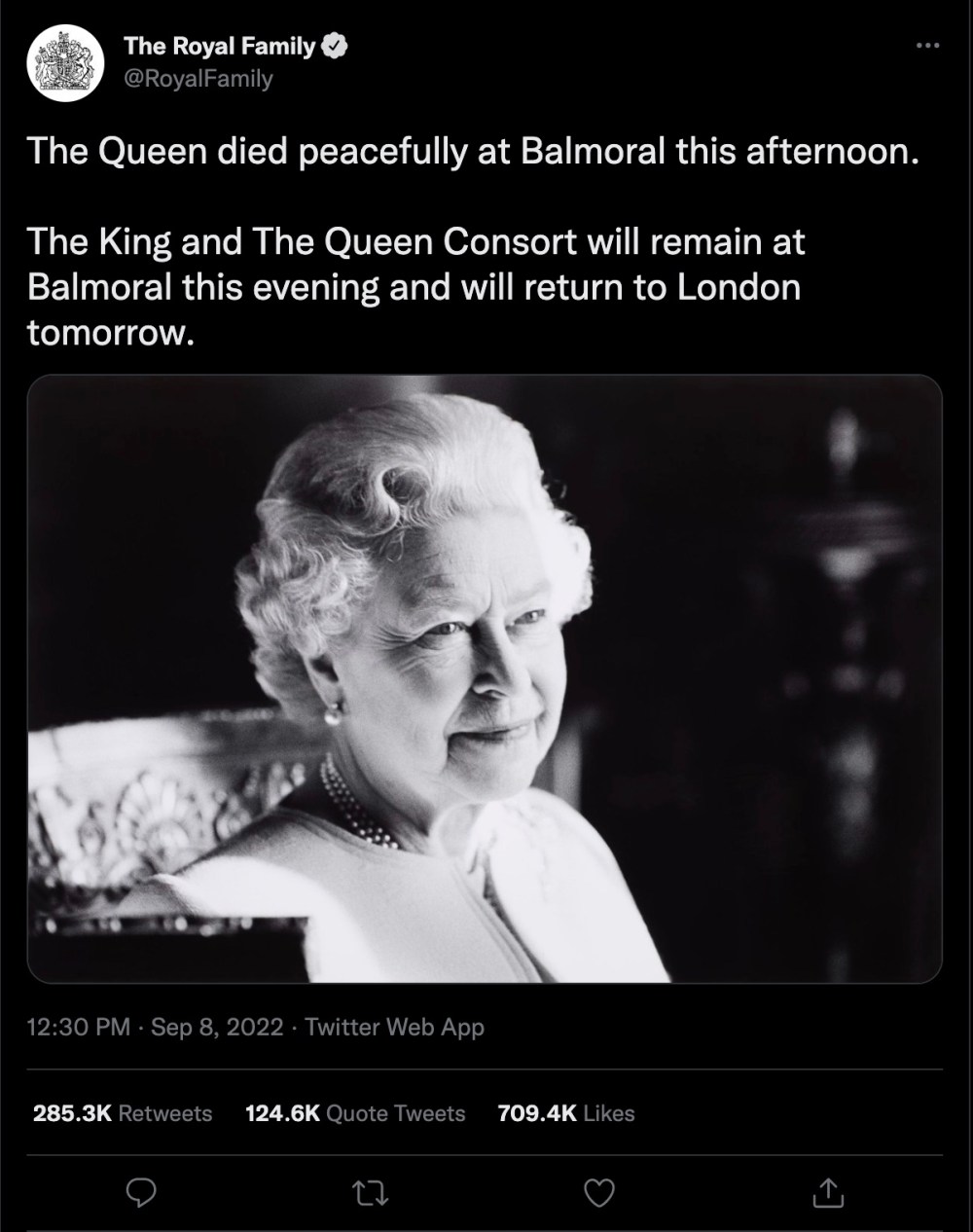 The Royal Family's official Twitter account announced the death of Queen Elizabeth II Thursday afternoon.