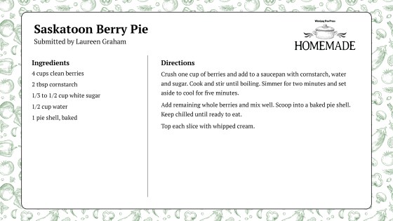 Laureen Graham submitted this week’s recipe for Saskatoon Berry Pie.