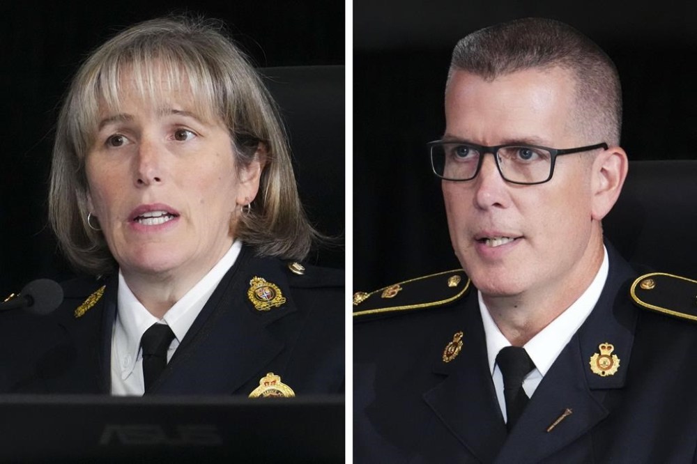 This combination of photos shows acting Deputy Chief Patricia Ferguson (left) of the Ottawa Police Service and Supt. Craig Abrams with the OPP as they appear as witnesses at the Public Order Emergency Commission in Ottawa, on Thursday, Oct. 20, 2022. THE CANADIAN PRESS/Sean Kilpatrick