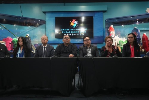 Canadian Paralympic Committee vice president Gail Hamamoto, from left to right, Whistler Mayor Jack Crompton, Musqueam Indian Band Chief Wayne Sparrow, Squamish Nation councillor Wilson Williams, Tsleil-Waututh Nation Chief Jen Thomas and Canadian Olympic Committee president Tricia Smith attend a news conference about their 2030 Olympic bid, in Vancouver, B.C., Friday, Oct. 28, 2022. The government of British Columbia said it will not support an Indigenous-led bid to host the 2030 Olympics in the province. THE CANADIAN PRESS/Darryl Dyck