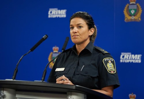 Winnipeg Police Service Public Information Officer Const. Dani McKinnon speaks to the media on Thursday, Sept, 2, 2021, at the Public Information Office in Winnipeg. THE CANADIAN PRESS/David Lipnowski