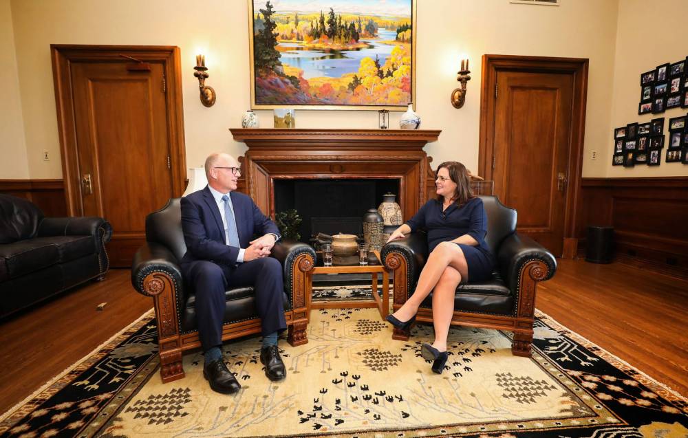 One of Scott Gillingham's first acts was meeting Premier Heather Stefanson at the legislature on Thursday. (Ruth Bonneville / Winnipeg Free Press)