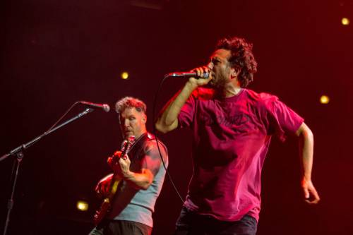 Tim Commerford, left, and Zack de la Rocha of Rage Against The Machine perform at the United Center in Chicago on July 11, 2022. (Daniel DeSlover/ZUMA Press Wire/TNS)