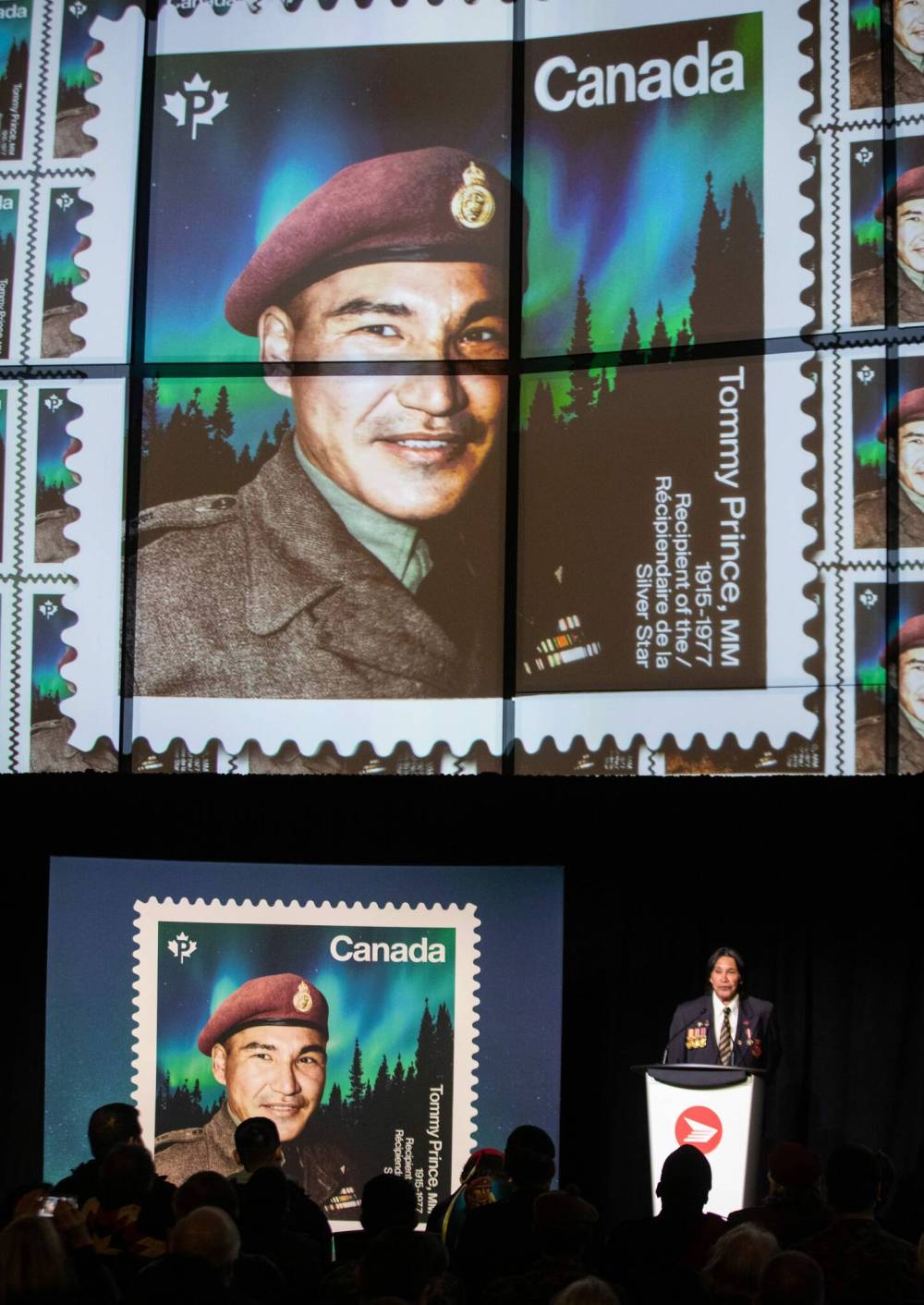 The stamp features Prince in his Korea War uniform with northern lights behind him. (Jessica Lee / Winnipeg Free Press)
