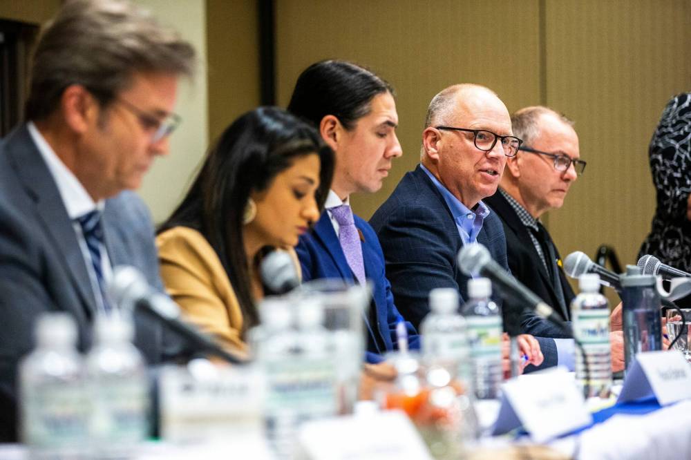 Kevin Klein (from left) Rana Bokhari, Robert-Falcon Ouellette, Scott Gillingham and Shaun Loney at Tuesday's debate. (Mikaela MacKenzie / Winnipeg Free Press)