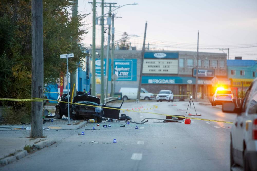 MIKE DEAL / WINNIPEG FREE PRESS
The scene of a single vehicle car crash on St. Mary's Road on Oct. 18 that killed a 17-year-old passenger, David Bunguke, and seriously injured the 18-year-old driver.