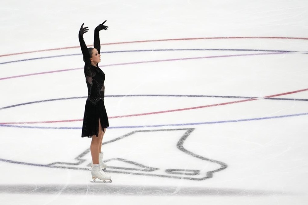 Russian Kamila Valieva reacts after competing in the women's free skate program during the figure skating competition at the 2022 Russian Figure Skating Grand Prix, the Golden Skate of Moscow, at Megasport Arena in Moscow, Russia, Sunday, Oct. 23, 2022. With its teams suspended from international competitions such as the Grand Prix series, Russia is holding its own series of figure skating events in various cities, also under the Grand Prix name. (AP Photo/Alexander Zemlianichenko)