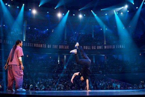 Sunny Choi, also known as B-Girl Sunny, from United States, right, competes against Logistx from the United States, left, in the B-girl Red Bull BC One World Final at Hammerstein Ballroom on Saturday, Nov. 12, 2022, in Manhattan, New York. The International Olympic Committee announced two years ago that breaking would become an official Olympic sport, a development that divided the breaking community between those excited for the larger platform and those concerned about the art form’s purity. (AP Photo/Andres Kudacki)