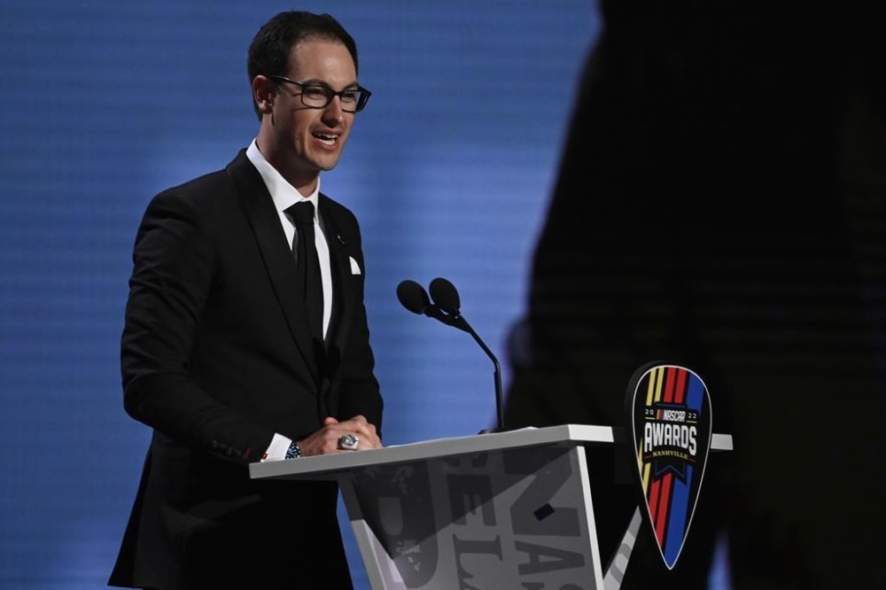 NASCAR Cup Series champion Joey Logano speaks during the NASCAR Awards on Thursday, Dec. 1, 2022, in Nashville, Tenn. (AP Photo/Mark Zaleski)