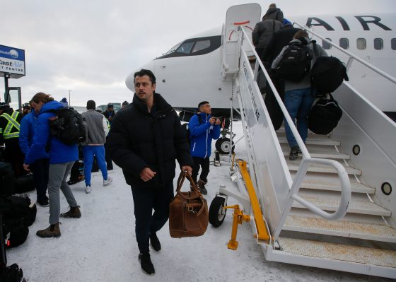 Winnipeg Blue Bombers quarterback Zach Collaros (8) and his teammates head off to Regina to play the 109th Grey Cup against the Toronto Argonauts. (John Woods / Winnipeg Free Press)