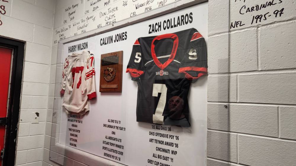 Collaros's high school football jersey is on the wall of fame. (Jeff Hamilton / Winnipeg Free Press)