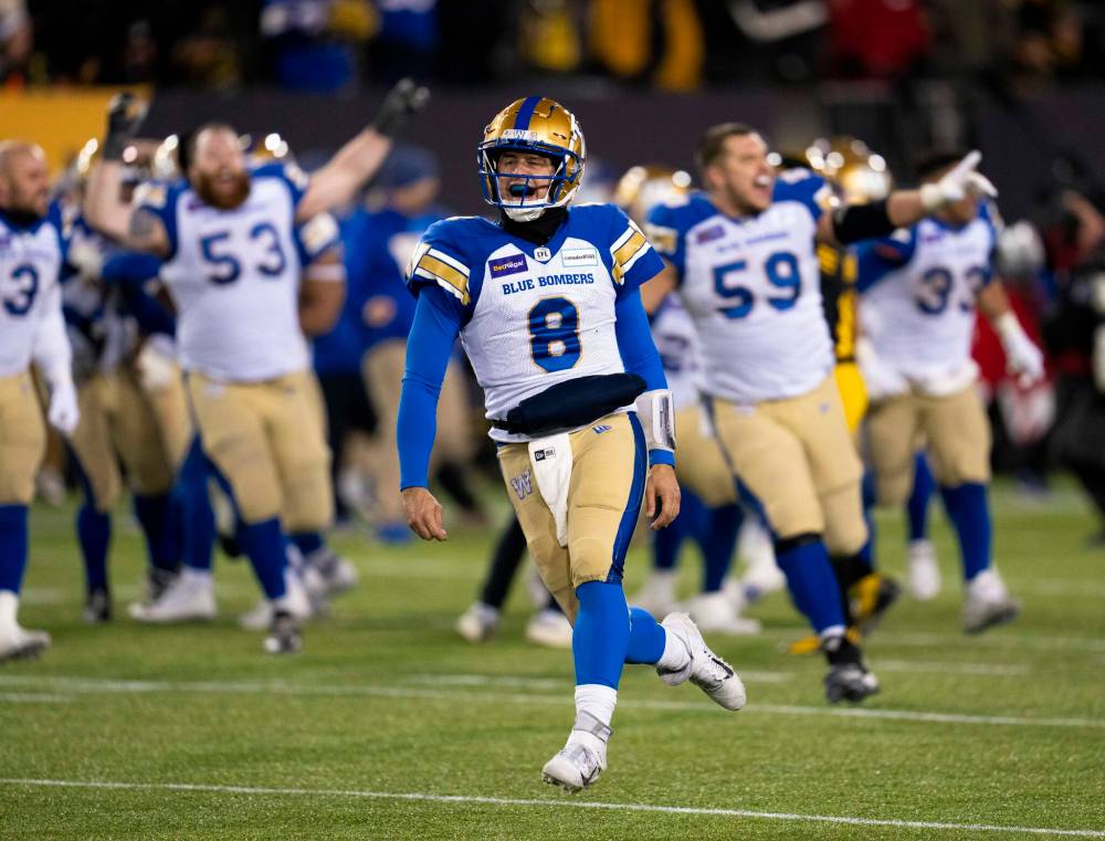 Collaros celebrates after beating the Hamilton Tiger-Cats in last year's Grey Cup. (Nick Iwanyshyn / The Canadian Press files)