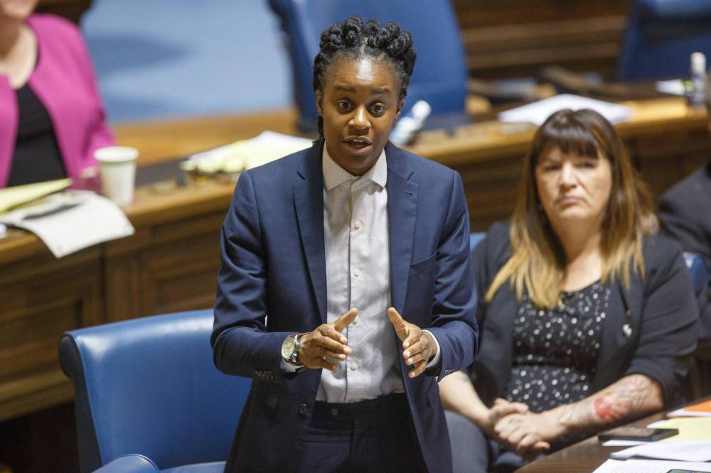 MIKE DEAL / WINNIPEG FREE PRESS Uzoma Asagwara, NDP health critic, during question period in the Manitoba Legislative building Tuesday. 220531 - Tuesday, May 31, 2022.