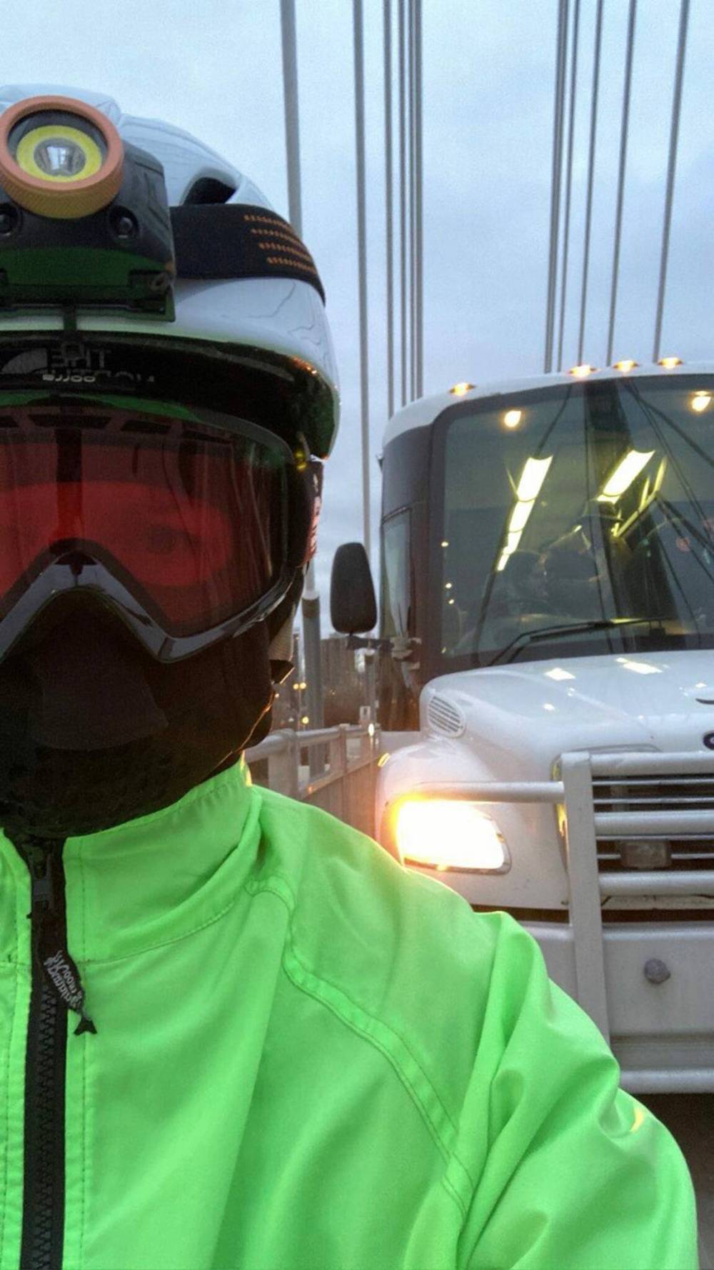 SUPPLIED
Winnipeg cyclist Hillary Rosentreter took a selfie which shows a bus on the Esplanade Riel outside the Manitoba Technology Accelerator’s office on the active transportation bridge.