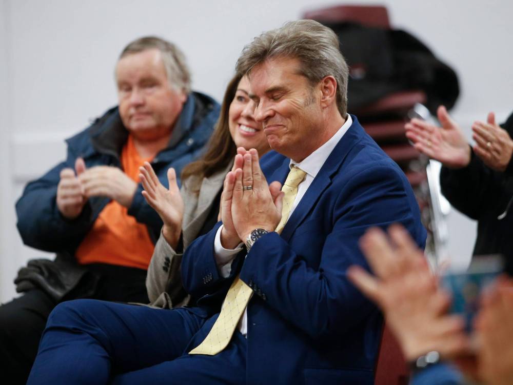 Kevin Klein expresses gratitude as he accepts the PC candidacy for Kirkfield Park at a nomination meeting at Sturgeon Heights Community Centre on Monday. (John Woods / Winnipeg Free Press)