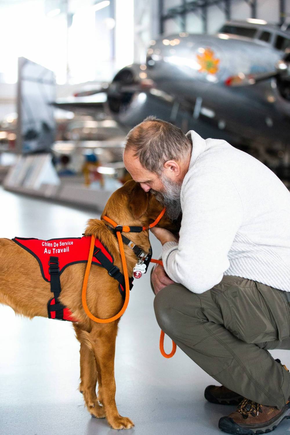 MIKAELA MACKENZIE / WINNIPEG FREE PRESS
Veteran Paul De Groot and Brandy take a moment during training at the Royal Aviation Museum.