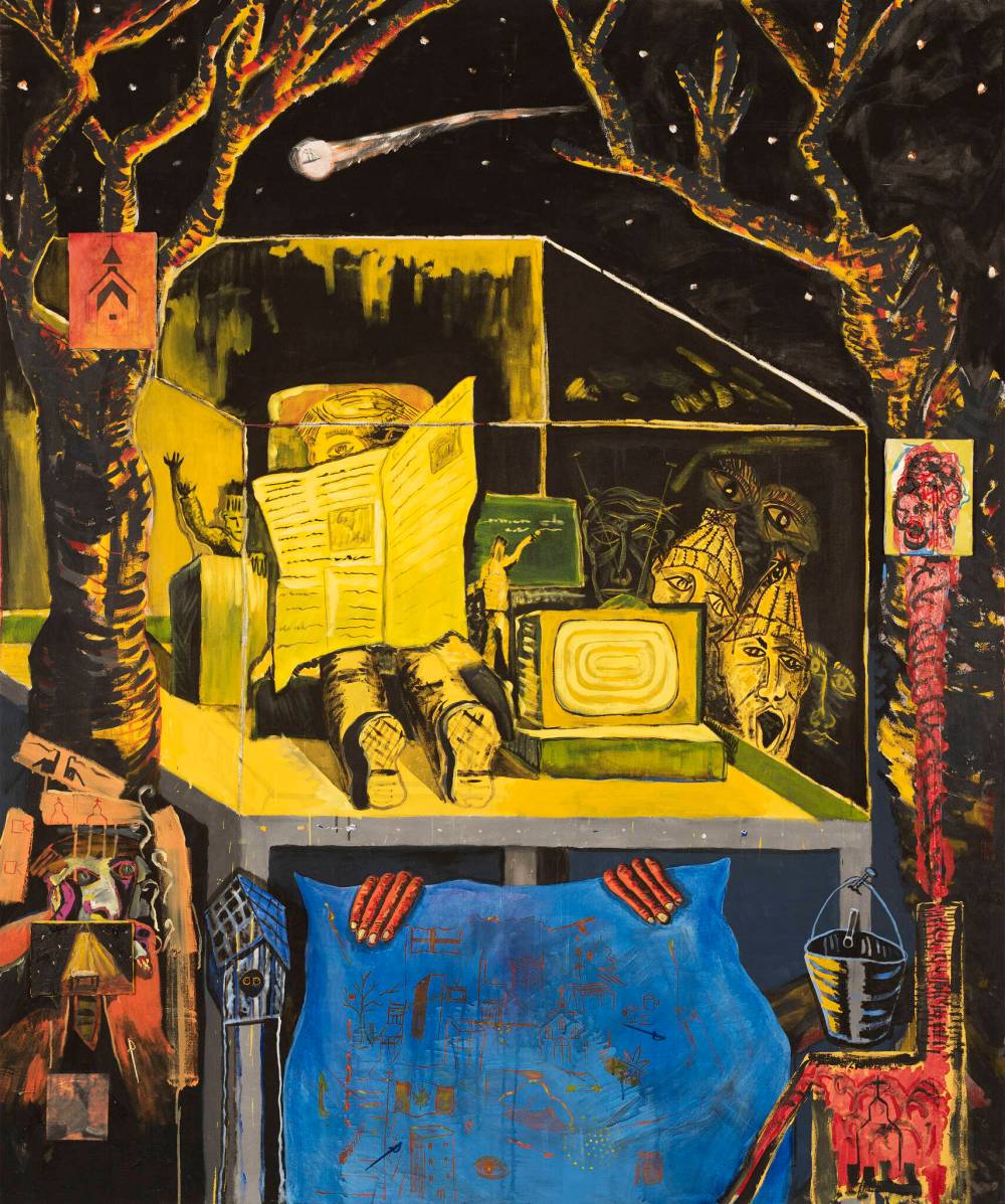 Lianed Marcoleta, courtesy of the WAG-Qaumajuq
Ron Gorsline (Canadian, b. 1956). I Read the News Today, 1998. Mixed media on canvas. Collection of the Winnipeg Art Gallery.