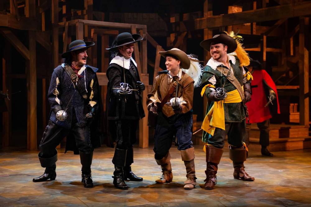 En garde for thee: From left, Athos (Rodrigo Beilfuss), Aramis (Darren Martens), D’Artagnan (Melissa Langdon) and Porthos (Emilio Vieira) in The Three Musketeers. (Dylan Hewlett photo)