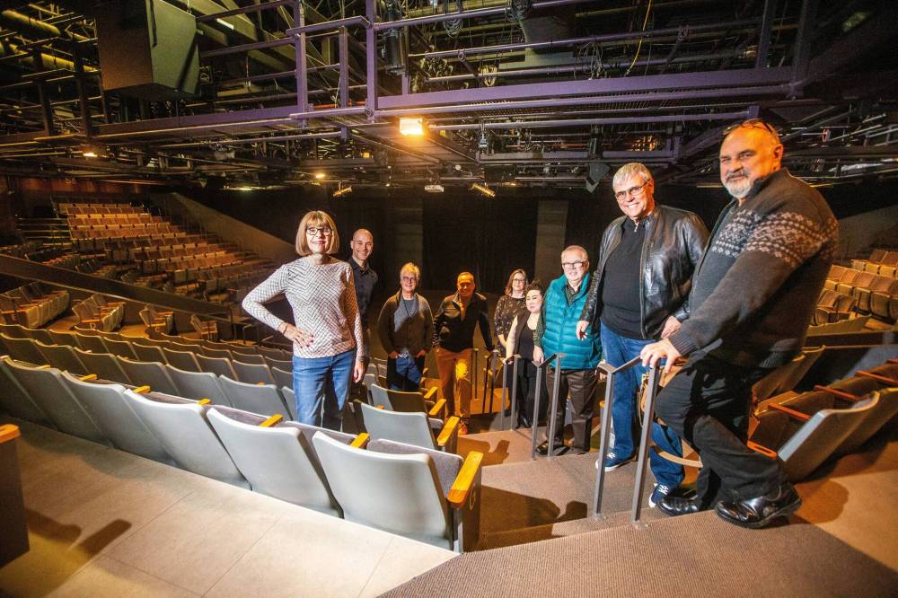 MIKAELA MACKENZIE / WINNIPEG FREE PRESS
Past and present leadership of Prairie Theatre Exchange gather to celebrate 50 years: from left, Cherry Karpyshin, Thomas Morgan Jones, Robert Metcalfe, Allen MacInnis, Tracey Loewen, Lisa Li, Gordon McCall, Colin Jackson and Michael Springate.