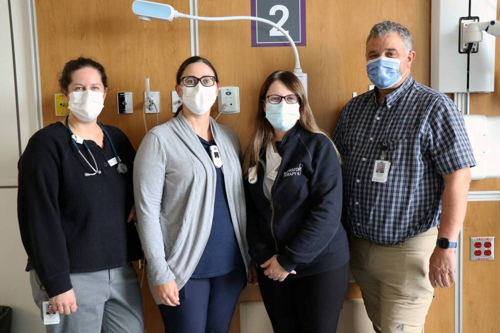 SUPPLIED
Staff of HSC Winnipeg’s IICU, pictured left to right: Shannon Smith, physiotherapist; Allie Blazek, clinical resource nurse; Tracy Simcoe, manager of IICU and respiratory therapy; and Dr Adrian Robertson, IICU medical director.