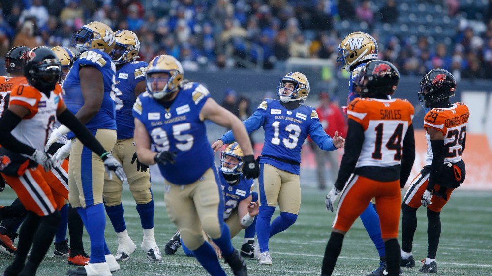 JOHN WOODS / THE CANADIAN PRESS
Winnipeg Blue Bombers kicker Marc Liegghio (13) misses the conversion kick against the BC Lions during the first half.