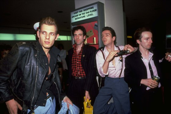 From left: Paul Simonon, Mick Jones, Joe Strummer and Topper Heyton of The Clash arrive in New York in May 1981. (David Handschuh / Associated Press files)