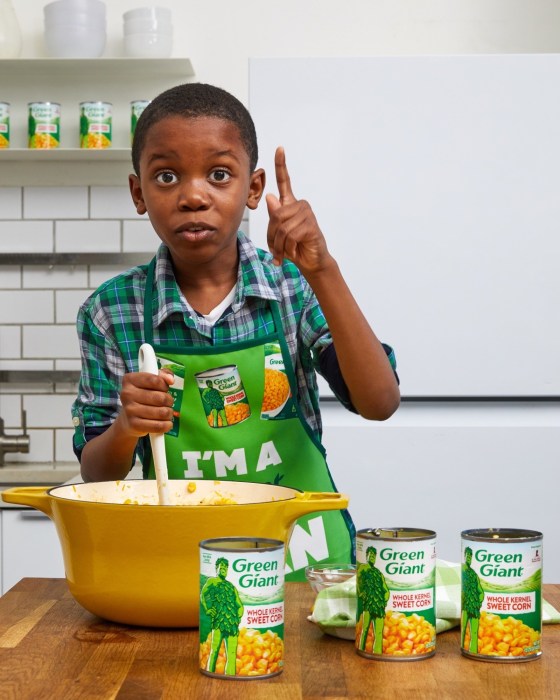 Corn Kid making a corn casserole for Thanksgiving. (Green Giant)