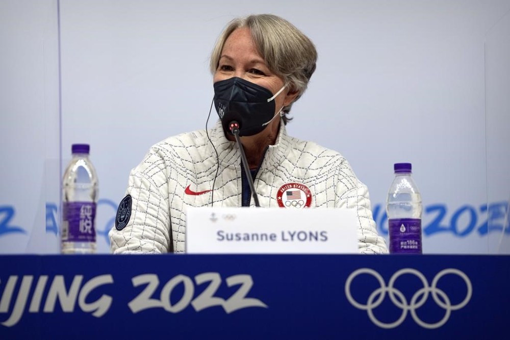 FILE - United States Olympic and Paralympic Committee Board Chairperson and President Susanne Lyons speaks during a press conference at the 2022 Winter Olympics on Feb. 4, 2022, in Beijing. Lyons conceded Monday, Dec. 12, 2022, that it would be “impossible” to monitor which athletes have supported the war in Ukraine if a plan is devised to allow some Russians to compete as neutrals in international competitions, and potentially the Olympics. (AP Photo/Mark Schiefelbein, File)