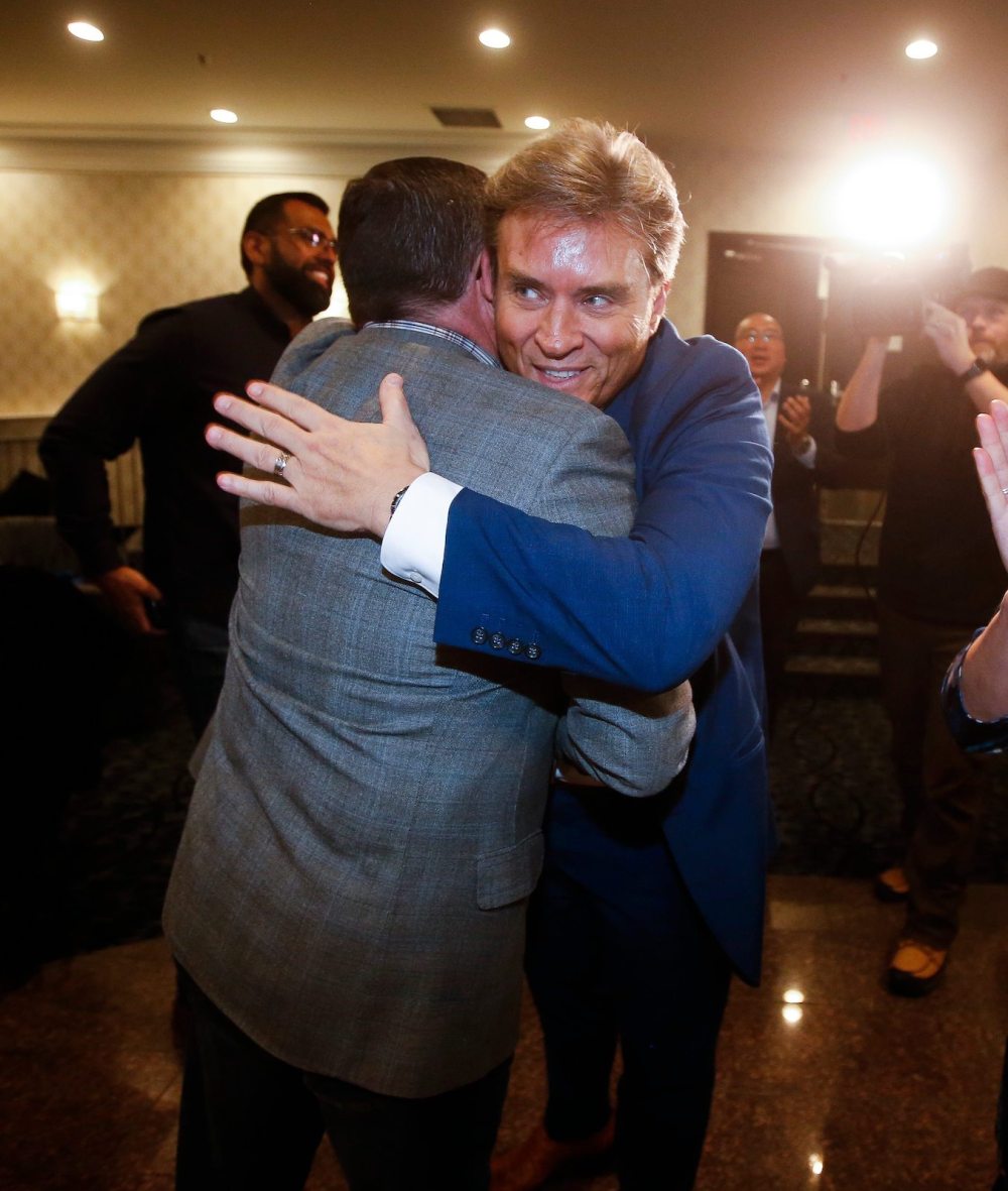 JOHN WOODS / WINNIPEG FREE PRESS
Kevin Klein is congratulated at party headquarters Tuesday. Klein won by just 160 votes.