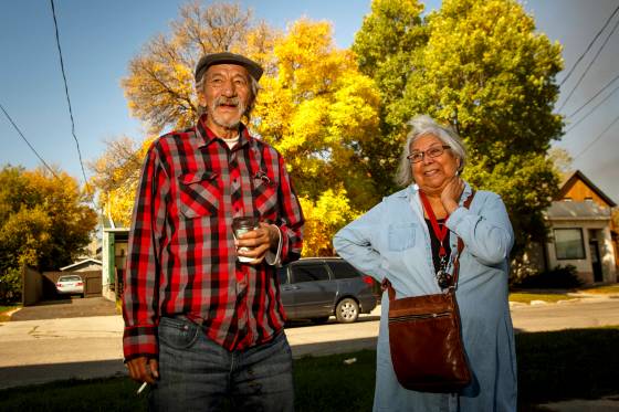 Friends and language activists Roger Roulette (left) and Pat Ningewance at the Manitoba Indigenous Cultural Education Centre in 2021. Roulette died in November at the age of 64. (Mike Deal / Winnipeg Free Press files0