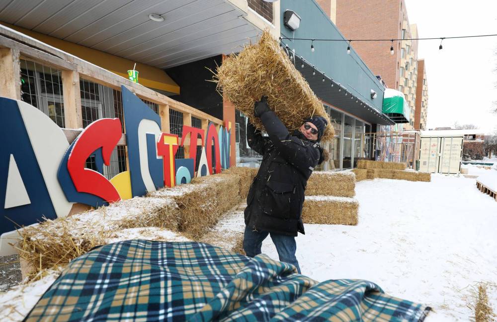 RUTH BONNEVILLE / WINNIPEG FREE PRESS
On Tuesday, Nick Kowalchuk, executive director with The Gas Station Theatre, started building an outdoor patio at the Gas Station Theatre for the Winter in the Village. The initiative is inspired by outdoor European holiday markets and will take place in Osborne Village Dec. 16-18.