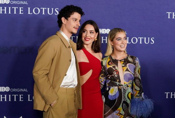 From left, Adam DiMarco, Aubrey Plaza and Haley Lu Richardson, cast members in The White Lotus, pose together at the season two premiere of the HBO series at Goya Studios in Los Angeles. (AP Photo/Chris Pizzello)