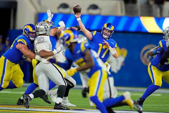 Los Angeles Rams quarterback Baker Mayfield throws a pass during the first half of an NFL football game against the Las Vegas Raiders Thursday. (Marcio Jose Sanchez / AP Photo)