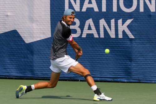 DAVE MAHUSSIER
                                Leandro Reidi reaches for a shot in his semifinal match against Liam Broady during National Bank Challenger action Friday.