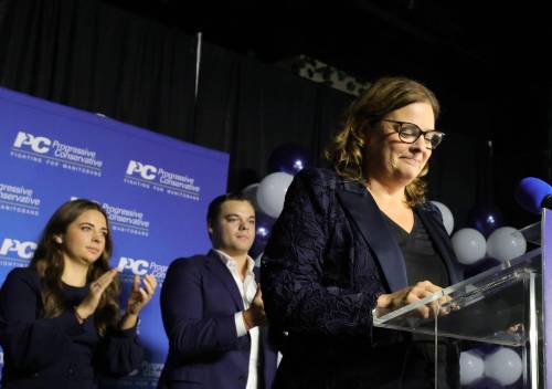 RUTH BONNEVILLE / WINNIPEG FREE PRESS Files
                                Heather Stefanson, PC leader, gives her concession speech after losing to NDP leader Wab Kinew.