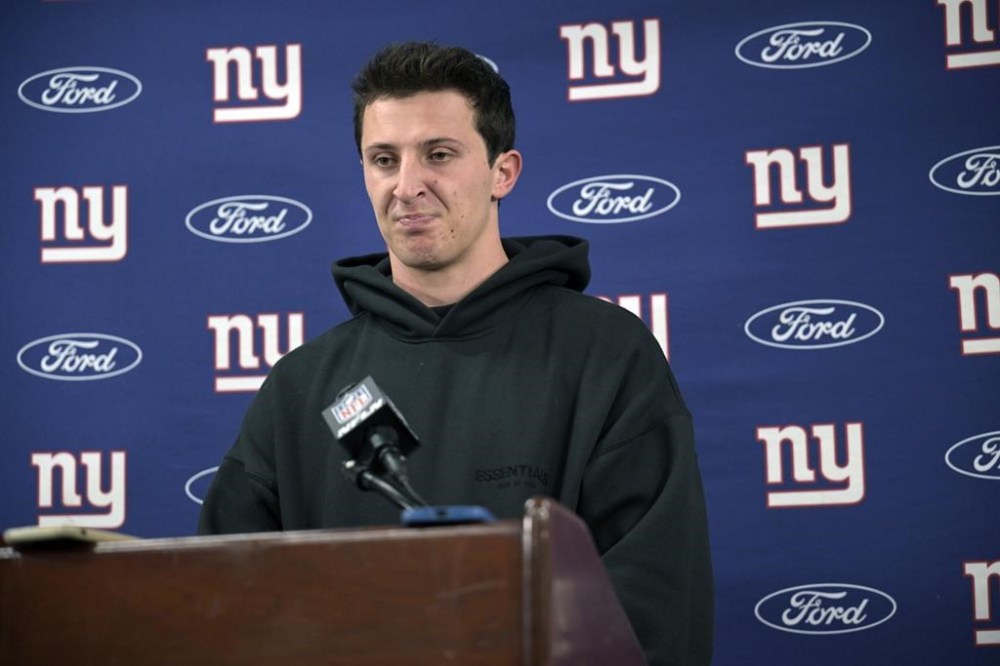 New York Giants quarterback Tommy DeVito speaks during a news conference following an NFL football game against the New Orleans Saints Sunday, Dec. 17, 2023, in New Orleans. The Saints won 24-6. (AP Photo/Matthew Hinton)