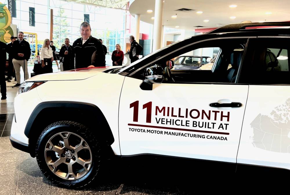 Kelly Taylor / Free Press
Frank Voss, president of Toyota Motor Manufacturing Canada, unveiled the eleven millionth vehicle Toyota has produced in Canada, a 2024 Toyota RAV4 Hybrid, at the company’s plant in Cambridge, Ont.