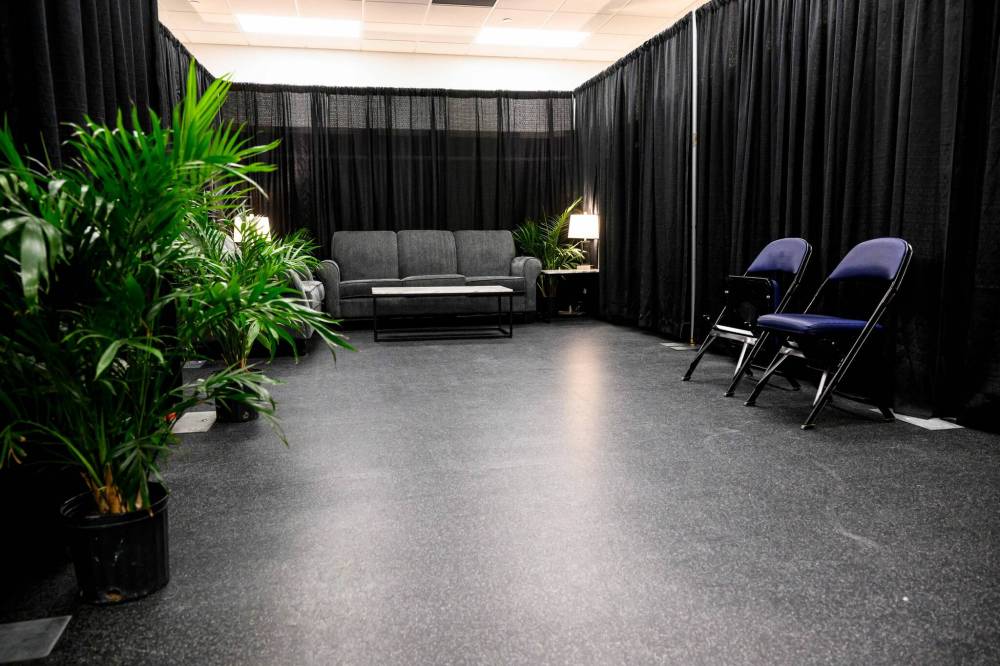 MIKE SUDOMA / FREE PRESS
A hockey dressing room is converted into a green room in advance of Springsteen’s show Wednesday night.