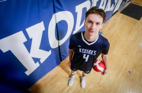 JOHN WOODS / FREE PRESS River East Colliegate volleyball player Matthew Brown has been selected as #1 in the varsity boys top 10 player list, and is photographed in the school gym Monday, November 18, 2024. Reporter: mike